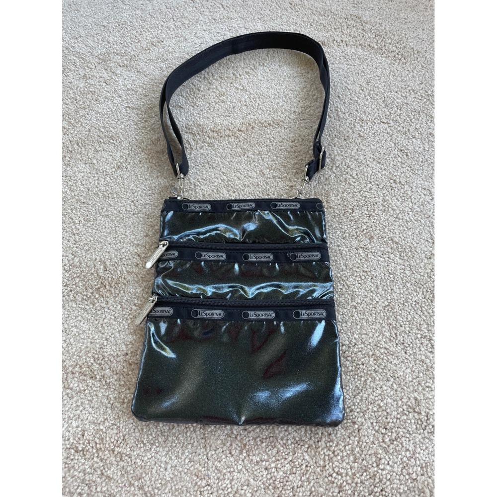 LeSportsac Quinn Crossbody Bag Black Glitter Patent Triple Zip Purse